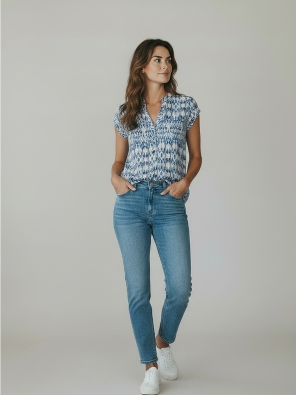 Massimo Dutti Blue White Ikat Silk Blend Flutter Sleeve Blouse-4- MSRP $120